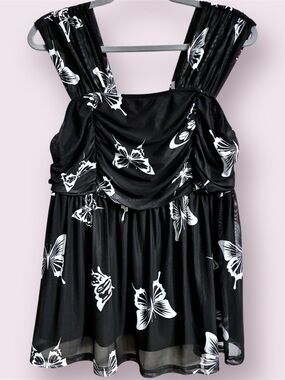🦋🖤 Free Kisses Black Butterfly Print Babydoll Top Size 1X XXL Soft Stretch